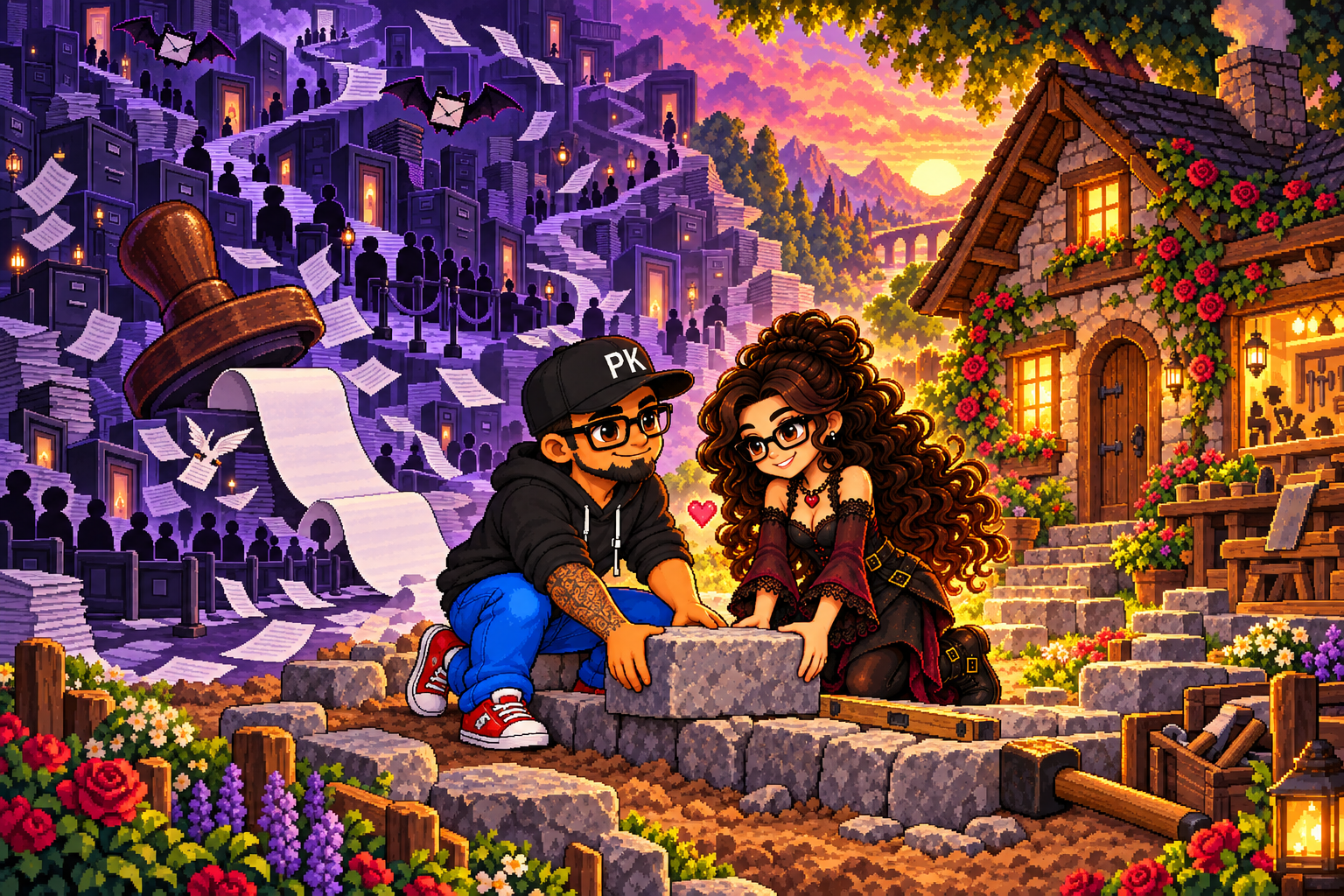 Pixel-art scene of PK and Tiff leaving a fantastical courthouse labyrinth while paperwork follows and they continue building a warm stone home.