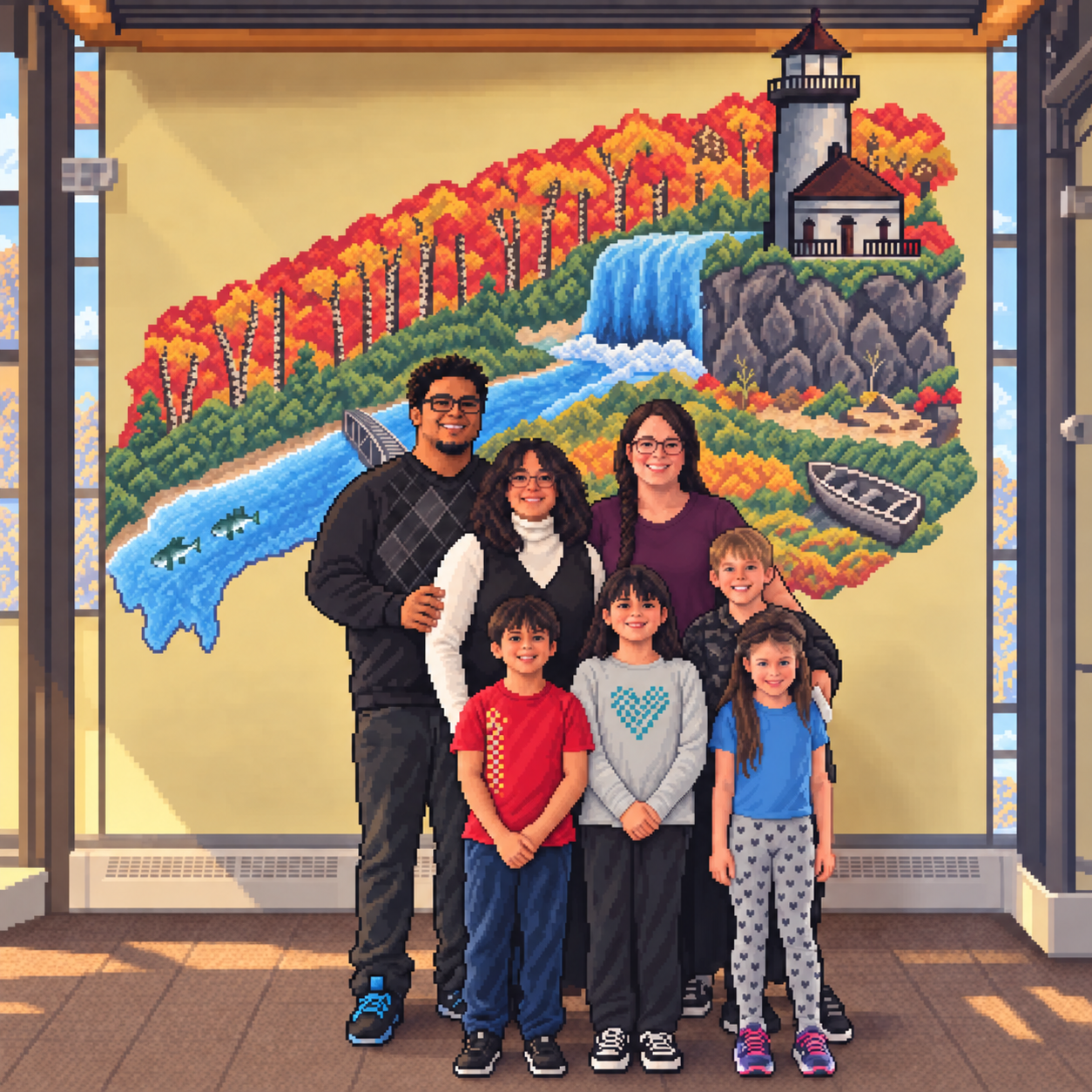 Pixel-art family portrait of PK, Tiff, Lorelei, Lilah, Logan, Tobiyas, and Alice standing together beneath a lighthouse and waterfall mural.