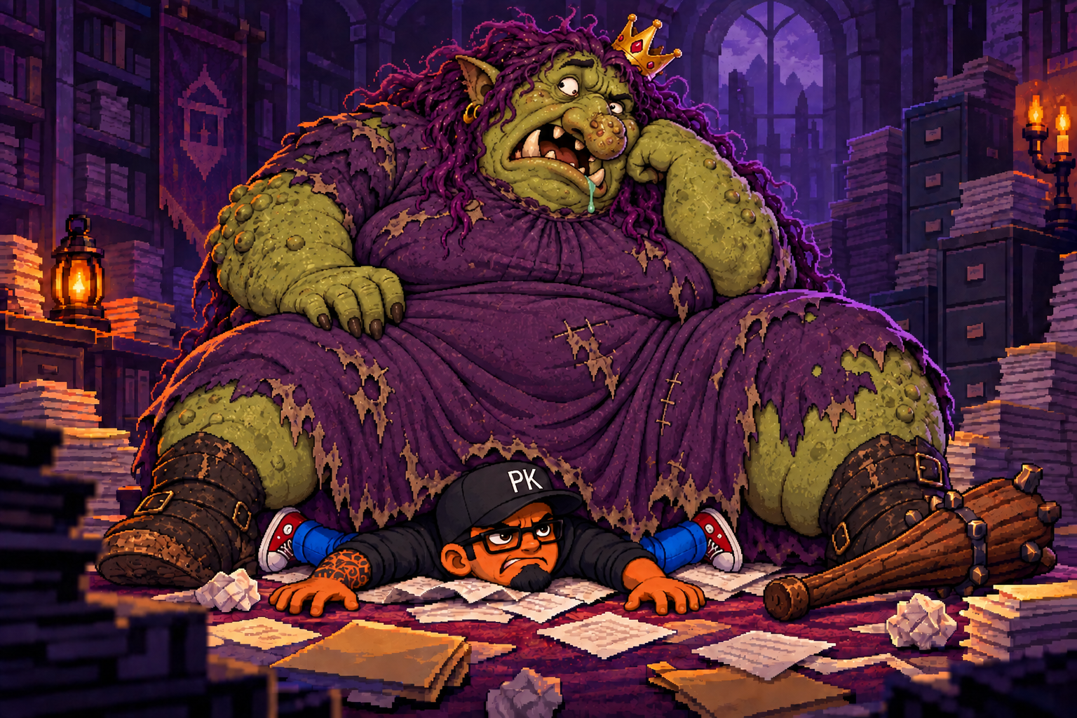 Pixel-art satire of PK beneath a fictional fantasy ogre representing the first-marriage chapter.