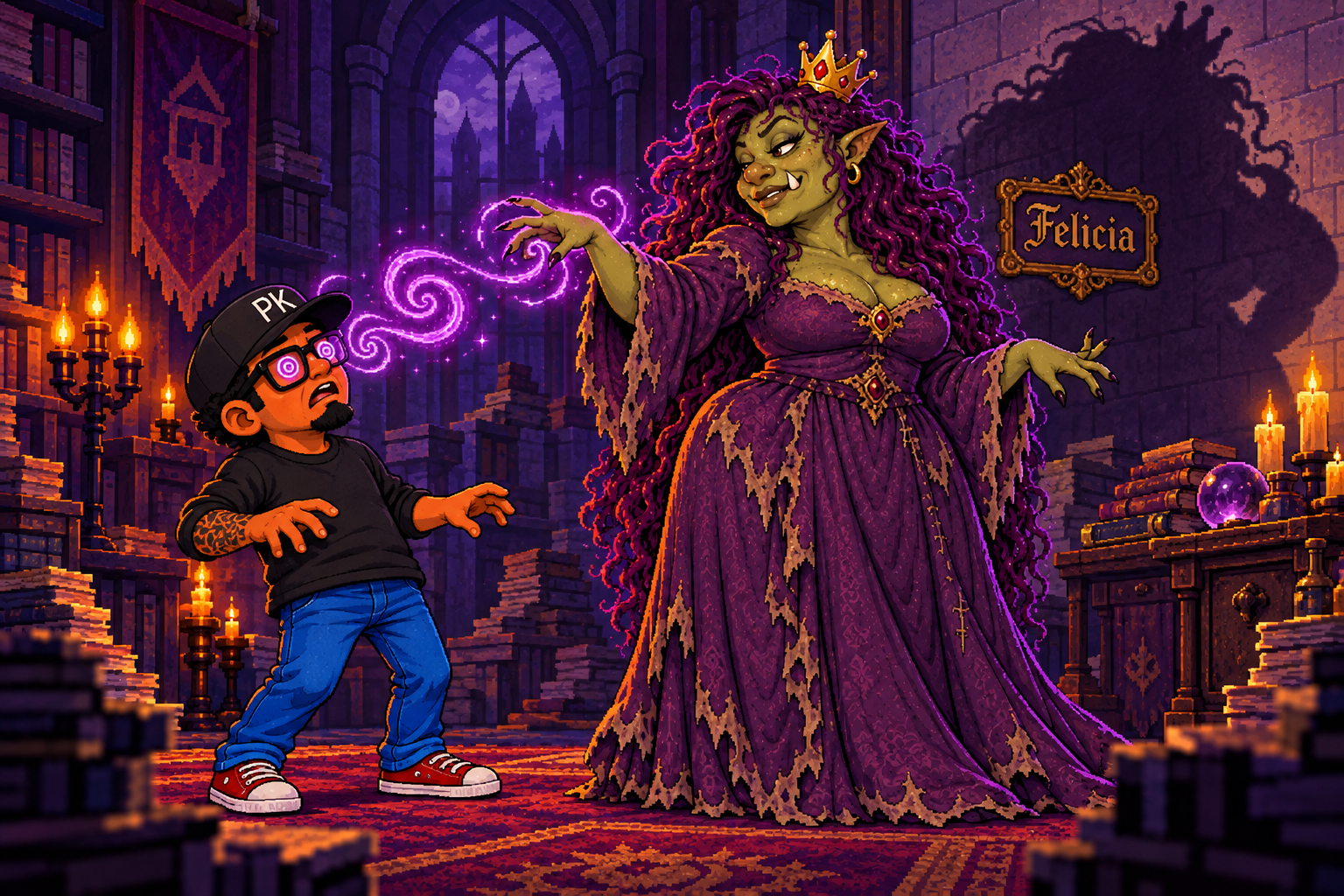 Pixel-art fantasy satire: Felicia, a half-elf half-ogre sorceress, hypnotizes PK while her shadow foreshadows the later ogre.
