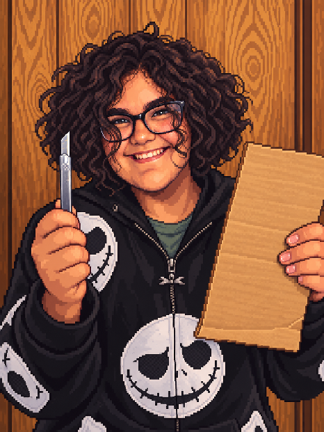 Pixel-art portrait of Lorelei, smiling with a box cutter and cardboard.
