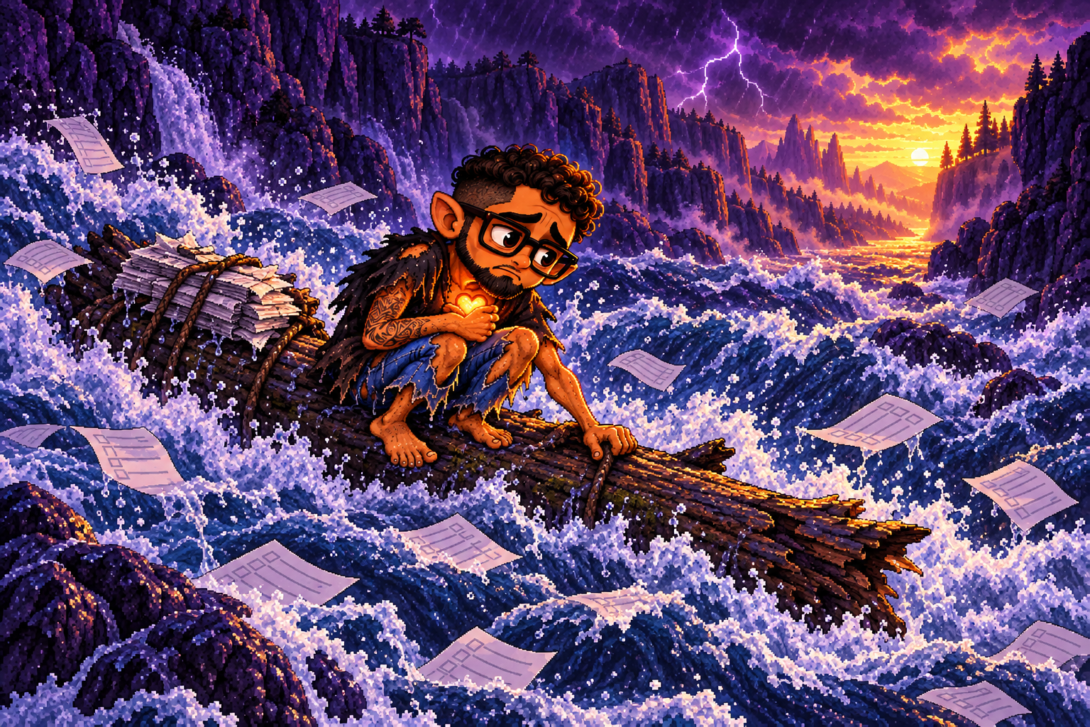 Pixel-art Gollum-like PK stranded on a log in a raging river, protecting a glowing heart amid swirling paperwork.
