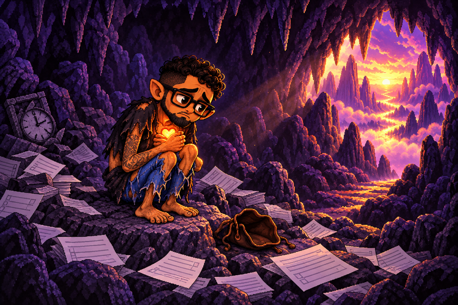 Pixel-art self-caricature of PK as an exhausted Gollum-like fantasy creature, holding a glowing heart in a cave.