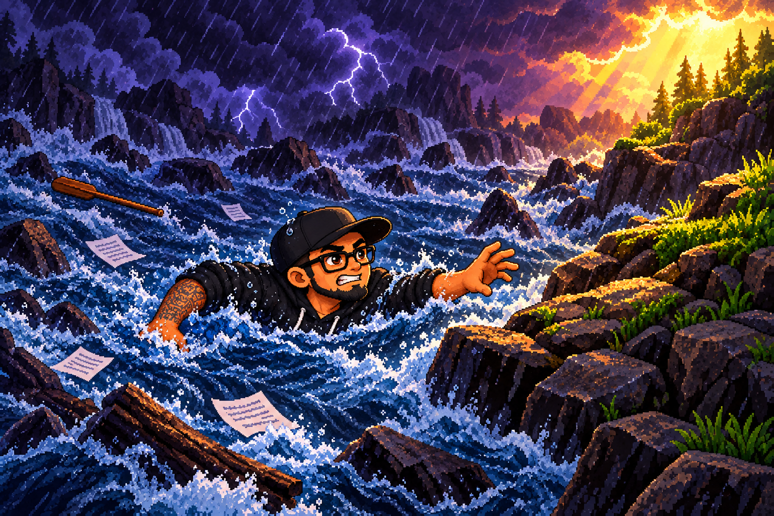 Pixel-art illustration of PK struggling through a dangerous fantasy river toward a glowing shoreline.