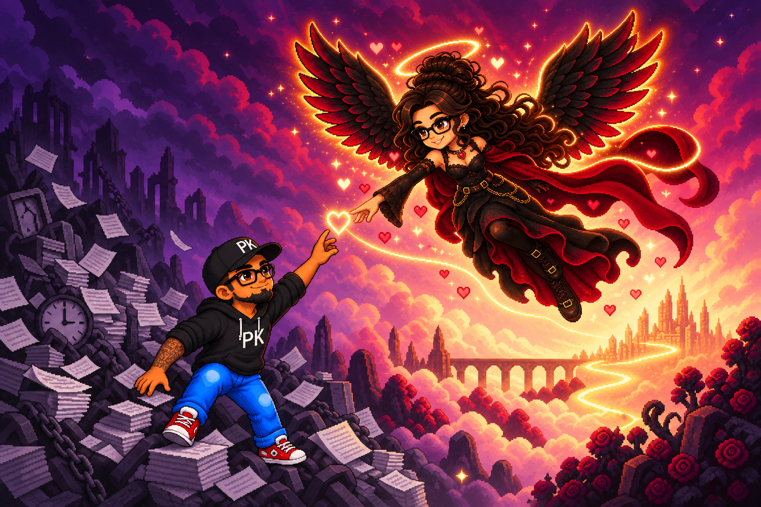Pixel-art illustration of Tiff appearing as a radiant dark-haired gothic angel reaching toward PK.